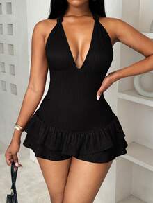 BamGleam Summer Sexy Lace-Up Ruffle Back Halter Bodycon Romper - Black - View 7