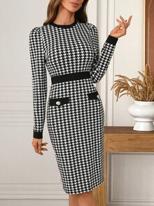 EMERY ROSE Women's Elegant Vintage Button Long Sleeve Dress - Black and White - View 8