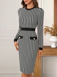 EMERY ROSE Women's Elegant Vintage Button Long Sleeve Dress - Black and White - View 7