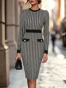 EMERY ROSE Women's Elegant Vintage Button Long Sleeve Dress - Black and White - View 3