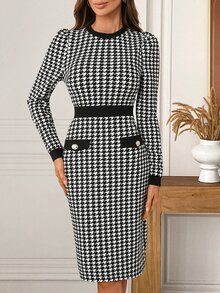 EMERY ROSE Women's Elegant Vintage Button Long Sleeve Dress - Black and White - View 4