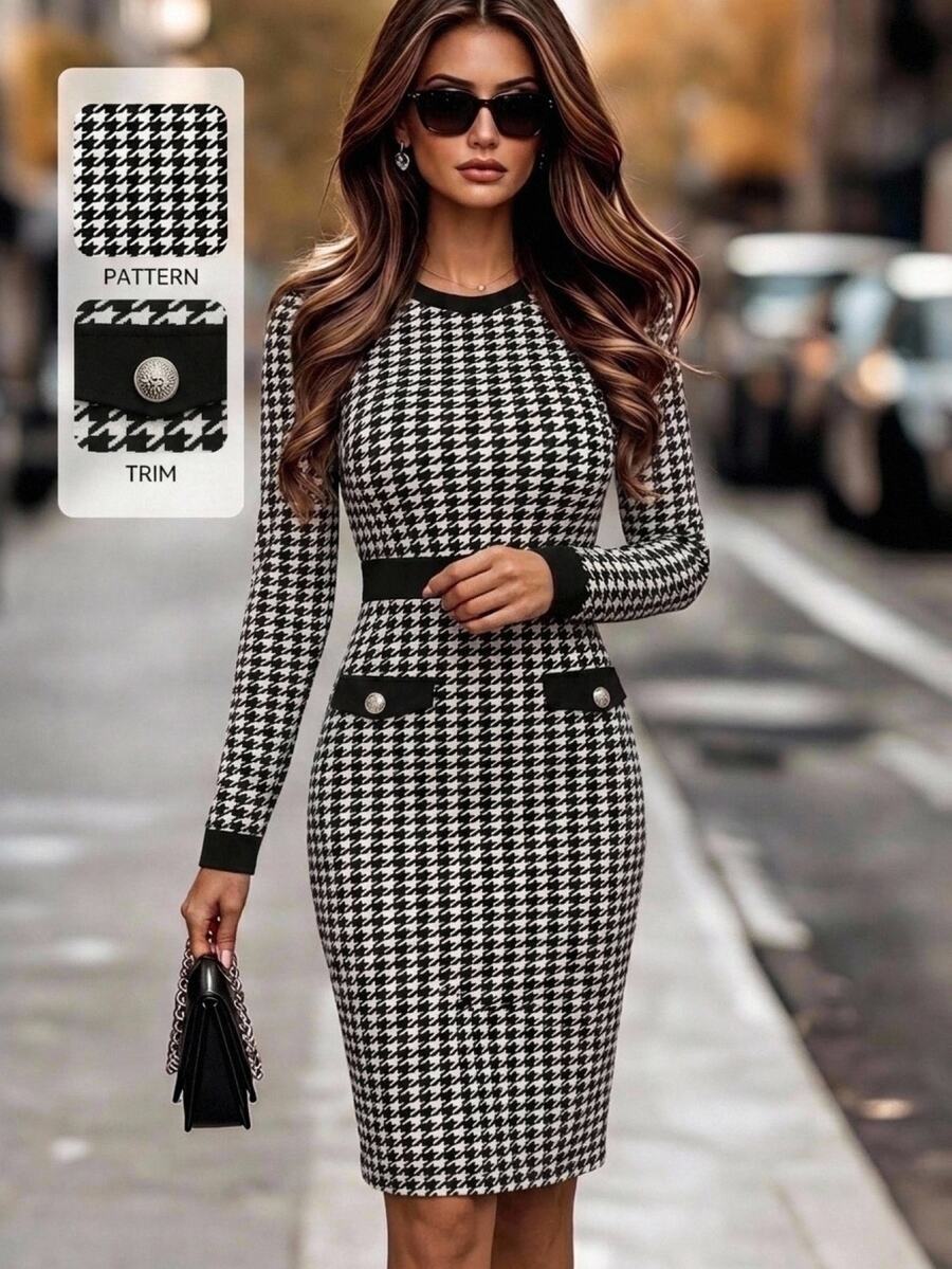 EMERY ROSE Women's Elegant Vintage Button Long Sleeve Dress - Black and White - View 1