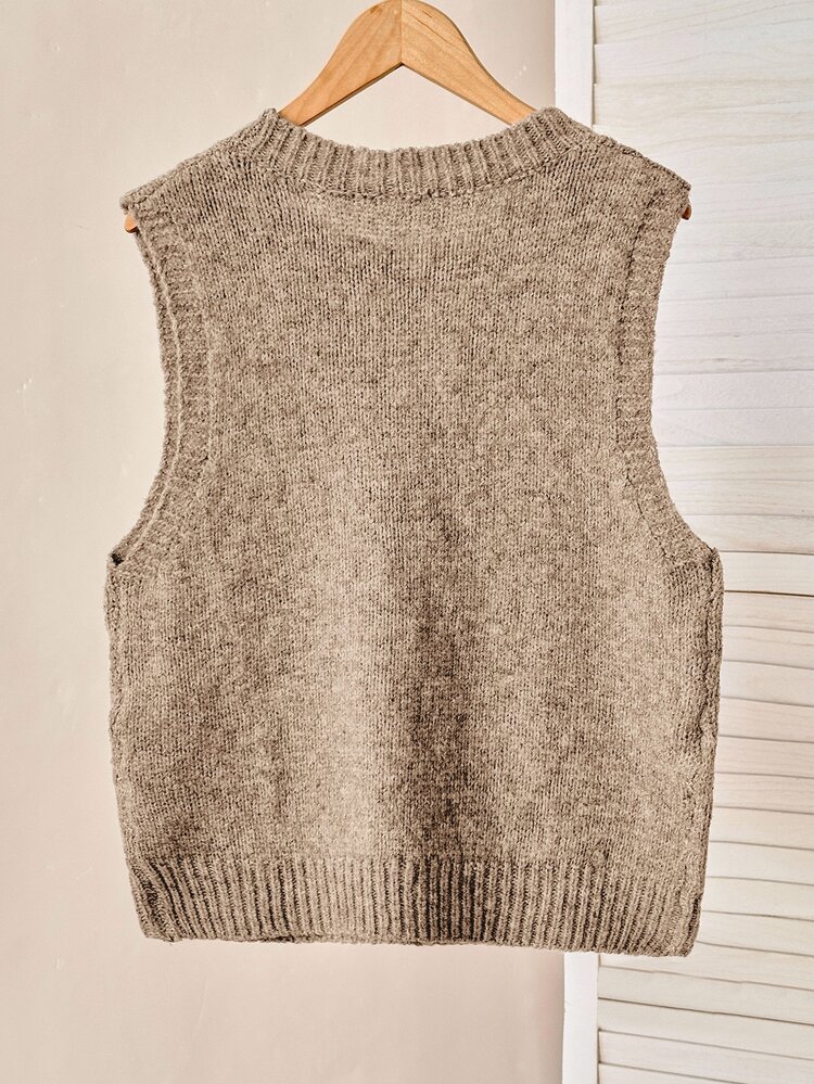 Solavon Women Fall Winter Oatmeal Brown Heather Knit Sweater Vest, Crew Neck 3D Blue Floral Embroidered Relaxed Fit Sleeveless Knit Waistcoat - Brown - View 7