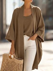 Balvessa Women's 2-Piece Casual Knit Set, Lazy Style Comfortable Vintage Versatile Fashion Commuter Open Front Cardigan And Tank Top - Brown - View 4