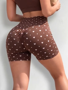 SHEIN Dewbera Heart Polka Dot Print High Waist Sports Shorts - Coffee Brown - View 3