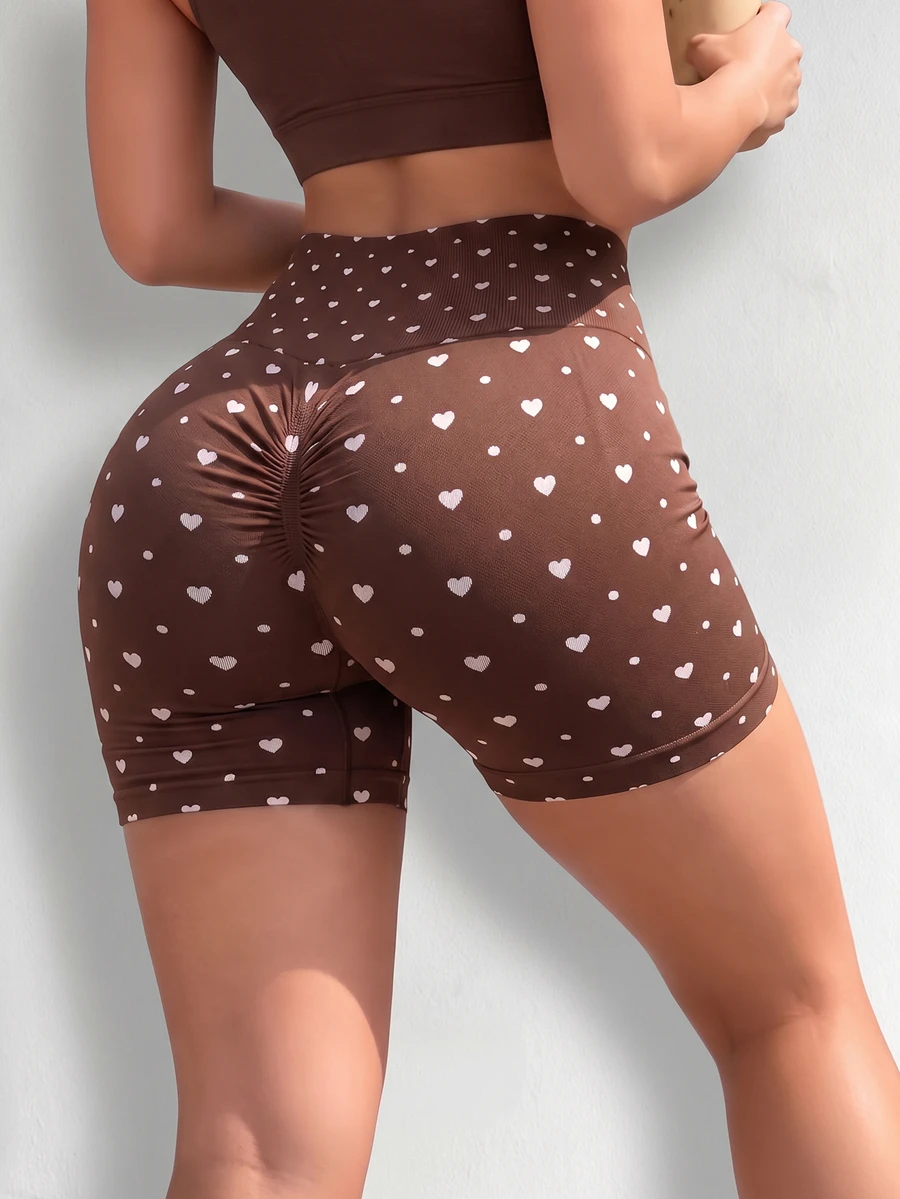 SHEIN Dewbera Celana Pendek Olahraga Pinggang Tinggi Motif Polkadot Hati - Coffee Brown - View 1