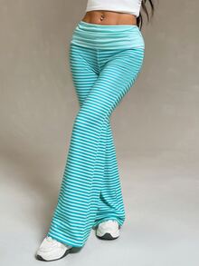 SHEIN PETITE 女款條紋拼接配色喇叭褲街頭風 - 薄荷綠 - 查看 7