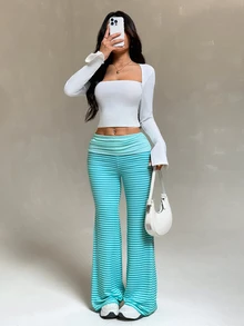 SHEIN PETITE 女款條紋拼接配色喇叭褲街頭風 - 薄荷綠 - 查看 6