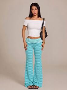 SHEIN PETITE 女款條紋拼接配色喇叭褲街頭風 - 薄荷綠 - 查看 9