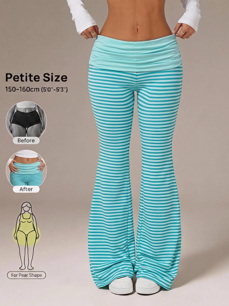 SHEIN PETITE 女款條紋拼接配色喇叭褲街頭風 - 薄荷綠 - 查看 1
