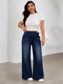 Flexra Women's Plus Size Stretch Straight Leg Elastic Waist Denim Jeans - Dark Wash - View 7