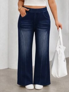 Flexra Women's Plus Size Stretch Straight Leg Elastic Waist Denim Jeans - Dark Wash - View 8