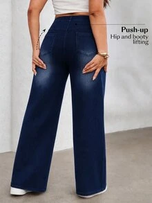 Flexra Women's Plus Size Stretch Straight Leg Elastic Waist Denim Jeans - Dark Wash - View 2