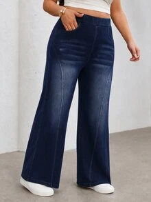 Flexra Women's Plus Size Stretch Straight Leg Elastic Waist Denim Jeans - Dark Wash - View 5