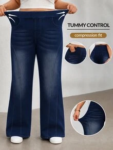 Flexra Women's Plus Size Stretch Straight Leg Elastic Waist Denim Jeans - Dark Wash - View 1