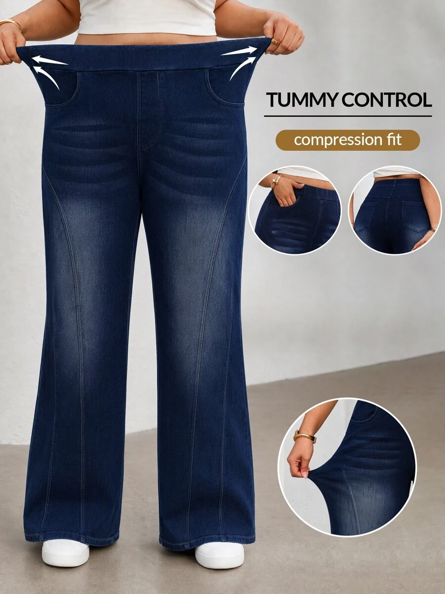 Flexra Women's Plus Size Stretch Straight Leg Elastic Waist Denim Jeans - Dark Wash - View 1