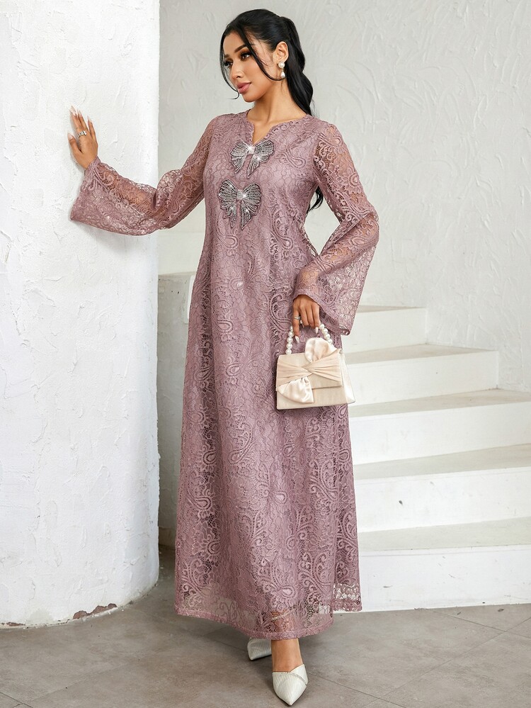 Al Najma Women's Rhinestone Bow Decor Flare Sleeve Lace Elegant Arabic Style Dress Lace Dress - Pink - View 5