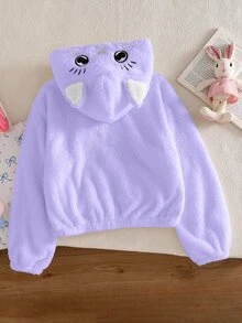 SHEIN Elladie kids 1件女款甜美風休閒外套，校園休閒穿搭，秋冬款3D貓咪刺繡連帽寬鬆抓絨夾克 - 紫色 - 查看 2