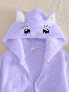 SHEIN Elladie kids 1件女款甜美風休閒外套，校園休閒穿搭，秋冬款3D貓咪刺繡連帽寬鬆抓絨夾克 - 紫色 - 查看 7