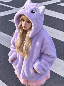 SHEIN Elladie kids 1件女款甜美風休閒外套，校園休閒穿搭，秋冬款3D貓咪刺繡連帽寬鬆抓絨夾克 - 紫色 - 查看 1