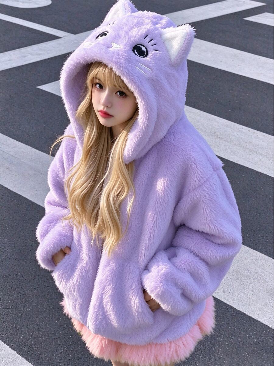 SHEIN Elladie kids 1件女款甜美風休閒外套,校園休閒穿搭,秋冬款3D貓咪刺繡連帽寬鬆抓絨夾克 - 紫色 - 查看 1