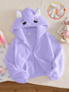 SHEIN Elladie kids 1件女款甜美風休閒外套，校園休閒穿搭，秋冬款3D貓咪刺繡連帽寬鬆抓絨夾克 - 紫色 - 查看 3