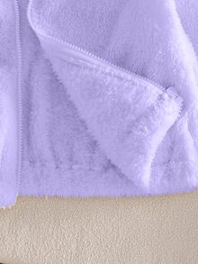 SHEIN Elladie kids 1件女款甜美風休閒外套，校園休閒穿搭，秋冬款3D貓咪刺繡連帽寬鬆抓絨夾克 - 紫色 - 查看 6