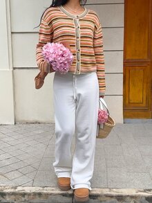 Autumina 時尚寬鬆紅白條紋女款開襟衫 旅行 秋季 復古 2000年代 - 彩色 - 查看 5