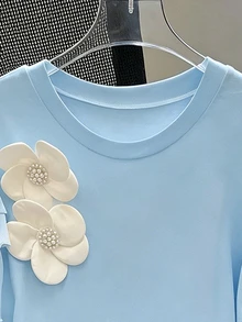 INAWLY 大码女式休闲3D立体花卉T恤 - 藍色 - 查看 5