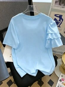 INAWLY 大码女式休闲3D立体花卉T恤 - 藍色 - 查看 2