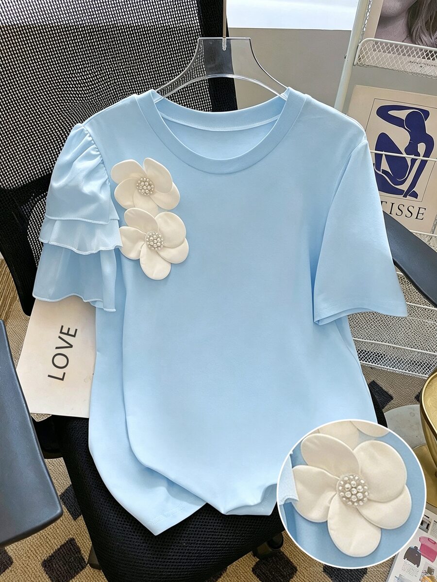 INAWLY 大码女式休闲3D立体花卉T恤 - 藍色 - 查看 1