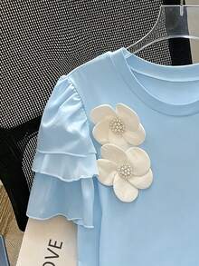 INAWLY 大码女式休闲3D立体花卉T恤 - 藍色 - 查看 4