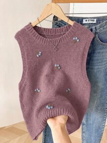 Solavon 女款刺繡花卉圓領針織背心，秋季秋冬款 - 紫色 - 查看 3
