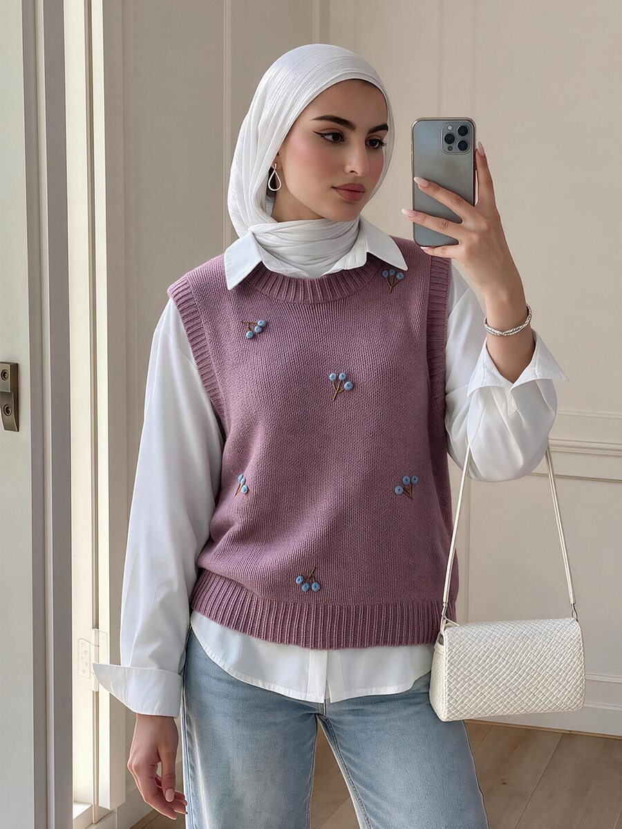 Solavon 女款刺繡花卉圓領針織背心,秋季秋冬款 - 紫色 - 查看 1