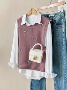 Solavon 女款刺繡花卉圓領針織背心，秋季秋冬款 - 紫色 - 查看 4