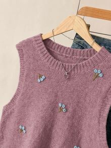 Solavon 女款刺繡花卉圓領針織背心，秋季秋冬款 - 紫色 - 查看 5