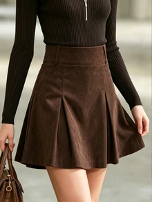 Balvessa Rok Mini Lipit Suede Vintage Musim Gugur Wanita, Rok A-Line Pinggang Tinggi untuk Berpergian, Kencan, dan Sehari-hari - Coffee Brown - View 3