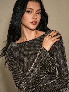 Poéselle Women's Fashion Versatile Frill Trim Top For Christmas Halloween And Party Club Silver Sexy Sparkly - Gold - View 6