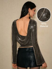 Poéselle Women's Fashion Versatile Frill Trim Top For Christmas Halloween And Party Club Silver Sexy Sparkly - Gold - View 4