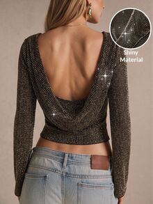 Poéselle Women's Fashion Versatile Frill Trim Top For Christmas Halloween And Party Club Silver Sexy Sparkly - Gold - View 2