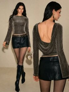 Poéselle Women's Fashion Versatile Frill Trim Top For Christmas Halloween And Party Club Silver Sexy Sparkly - Gold - View 8
