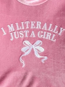 SHEIN 2件組女嬰粉色天鵝絨字母蝴蝶結刺繡長袖上衣與寬腿褲套裝，寬鬆休閒版型，適合秋冬日常穿著、戶外活動、街頭風、家庭聚會、拍照拍攝 - 粉色 - 查看 5