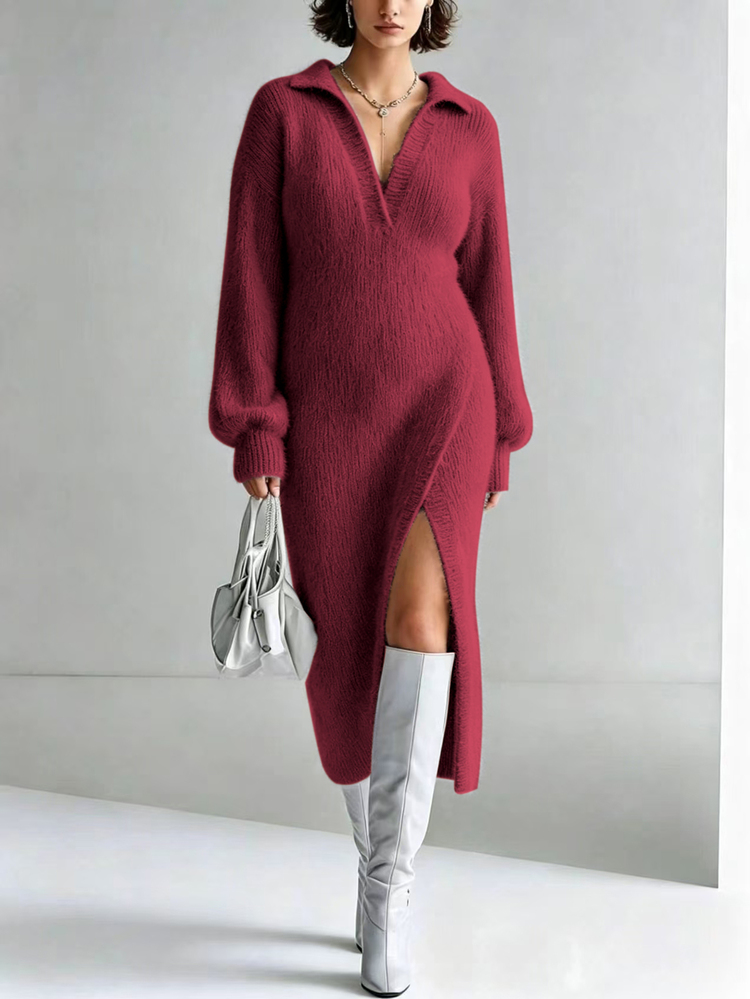 Linhara CURVE Plus Size V-Neck Long Sleeve Lazy Side Slit Flattering Thick Knit Dress, Autumn/Winter - Burgundy - View 1