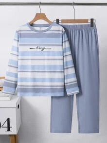 SHEIN Kids Tween Boy Minimalist Striped Letter Graphic Crew Neck Long Sleeve Loose Casual Loungewear Pajama Set 2pcs Autumn - Multicolor - View 4