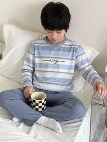 SHEIN Kids Tween Boy Minimalist Striped Letter Graphic Crew Neck Long Sleeve Loose Casual Loungewear Pajama Set 2pcs Autumn - Multicolor - View 3