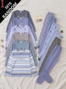 SHEIN Kids Tween Boy Minimalist Striped Letter Graphic Crew Neck Long Sleeve Loose Casual Loungewear Pajama Set 2pcs Autumn - Multicolor - View 1