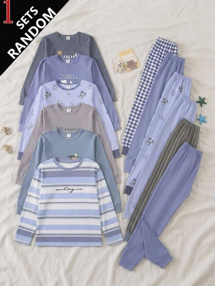SHEIN Kids Tween Boy Minimalist Striped Letter Graphic Crew Neck Long Sleeve Loose Casual Loungewear Pajama Set 2pcs Autumn - Multicolor - View 1