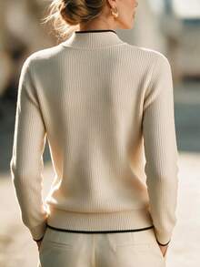 SHEIN Franclia Women Mock Neck Ribbed Knit Top, Chinese Knot Decor Contrast Trim Long Sleeve Slim Fit Pullover Swea - Apricot - View 2