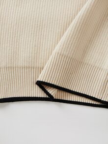 SHEIN Franclia Women Mock Neck Ribbed Knit Top, Chinese Knot Decor Contrast Trim Long Sleeve Slim Fit Pullover Swea - Apricot - View 8