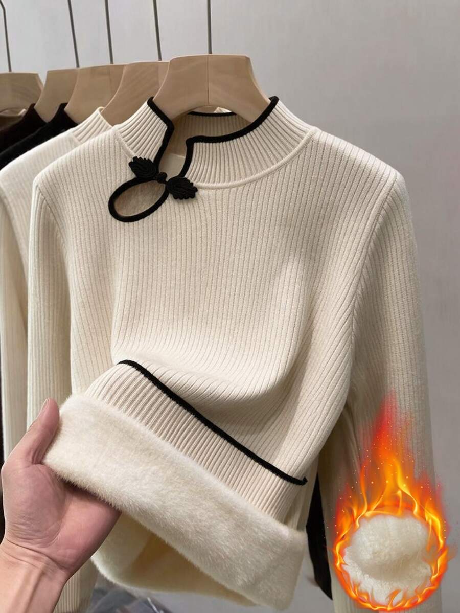 SHEIN Franclia Women Mock Neck Ribbed Knit Top, Chinese Knot Decor Contrast Trim Long Sleeve Slim Fit Pullover Swea - Apricot - View 1
